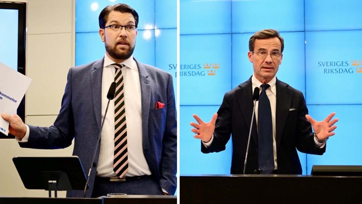 Moderaternas partiledare Ulf Kristersson (M) och Sverigedemokraternas partiledare Jimmie Åkesson (SD) vid gemensam pressträff om den gemensamma politiken.
